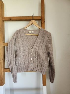 J.G. Hook Mohair Blend V Neck Button Front Beige Pink Fuzzy Cropped Cardigan